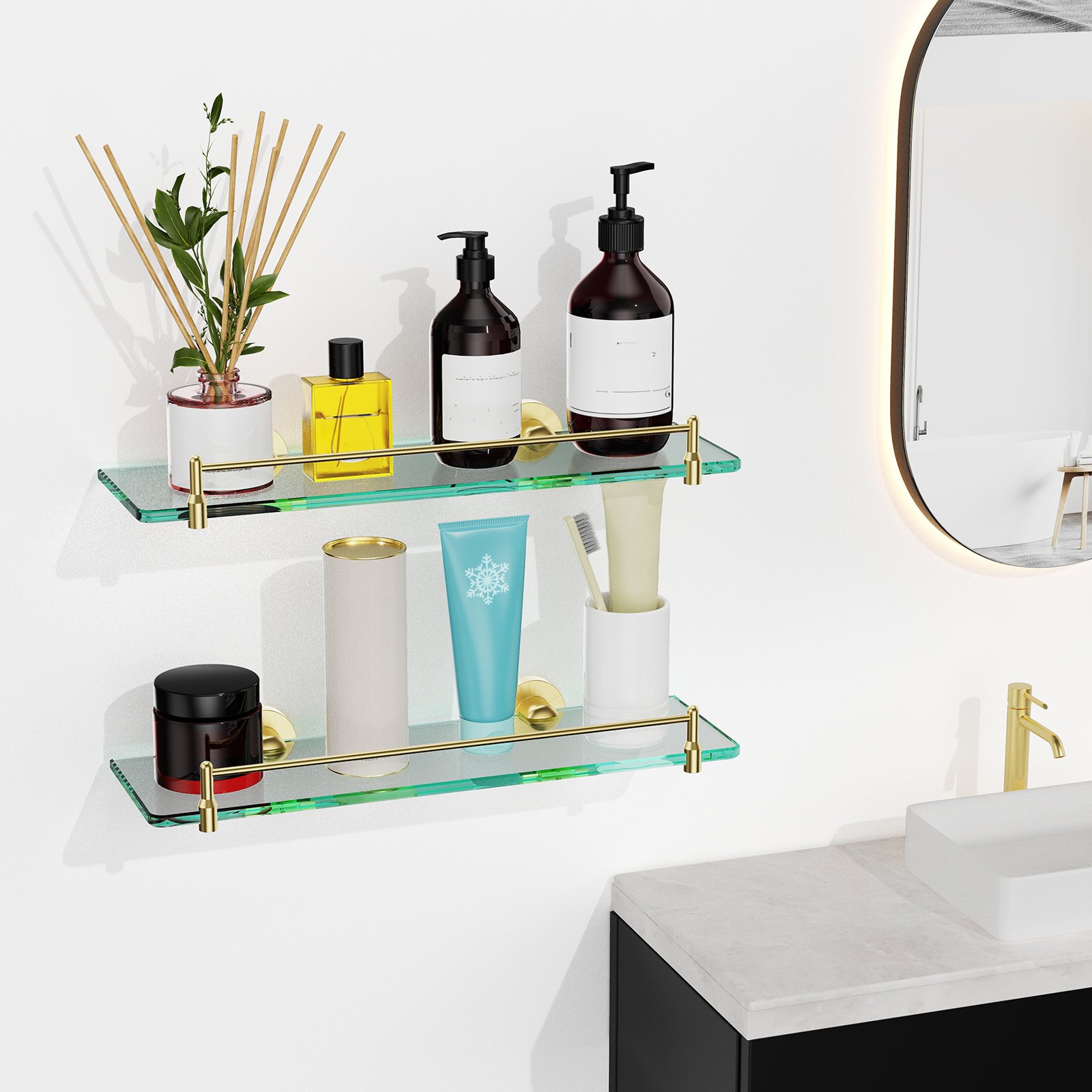 Bathroom Glass Shelf, Floating Stainless Steel Tempered Glass Wall Shelf, Rectangle, 16‑inch, Brushed Gold, Modern, Wall Mounted, 2 Pack - 图片 5