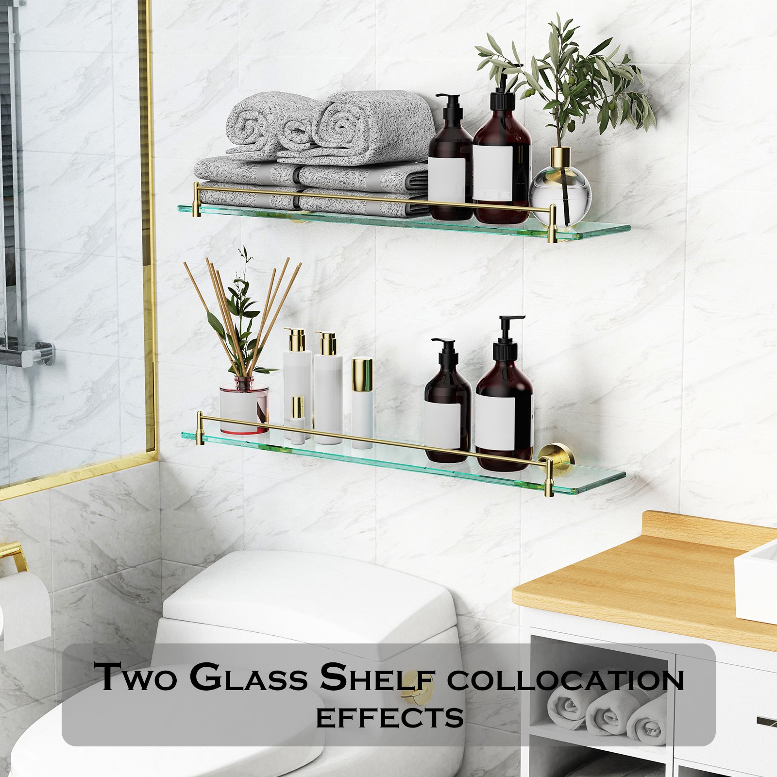Bathroom Glass Shelf, Floating Stainless Steel Tempered Glass Wall Shelf, Rectangle, 24‑inch, Brushed Gold, Modern, Wall Mounted, 2 Pack - 图片 6