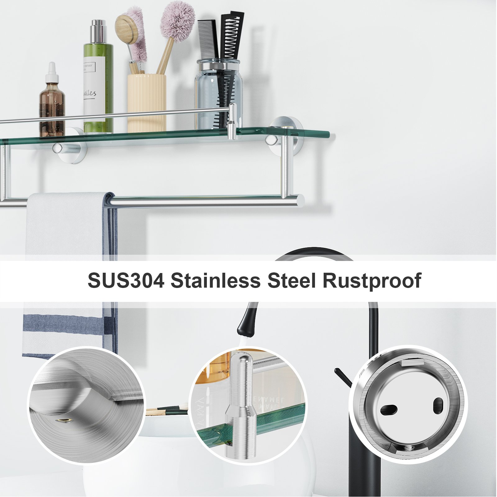 Bathroom Glass Shelf, Floating Tempered Glass Wall Shelf, Rectangle, 20‑inch with Railing, Modern, Wall Mounted, 2 Pack - 图片 4