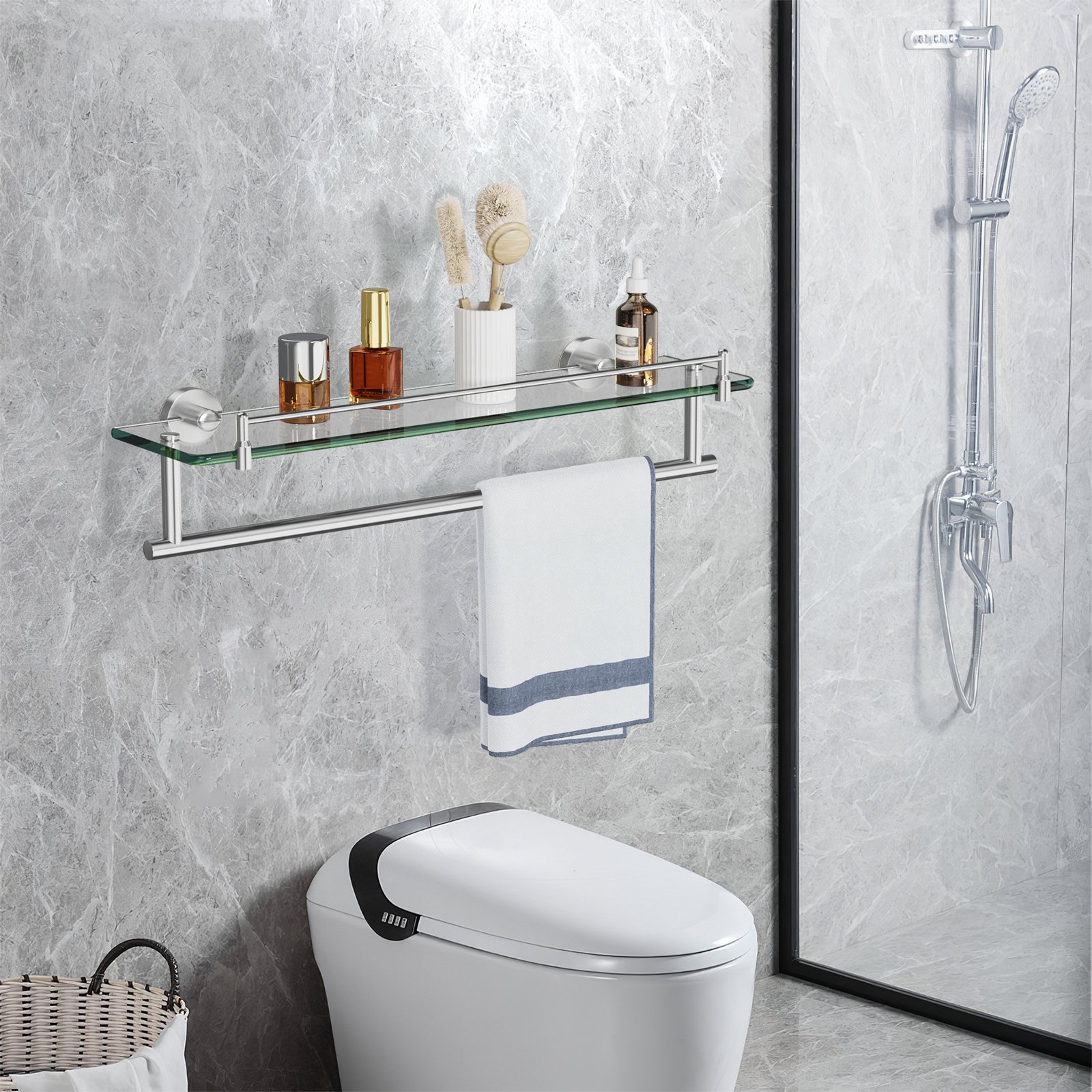 Bathroom Glass Shelf, Floating Tempered Glass Wall Shelf, Rectangle, 20‑inch with Railing, Modern, Wall Mounted, 2 Pack - 图片 5