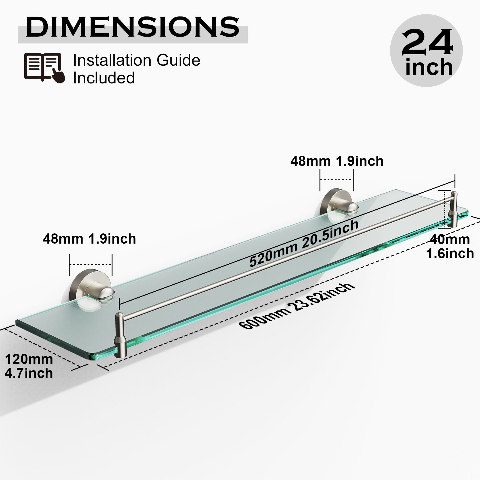 Bathroom Glass Shelf, Floating Stainless Steel Tempered Glass Wall Shelf, Rectangle, 24‑inch, Brushed Nickel, Modern, Wall Mounted, 2 Pack - 图片 3