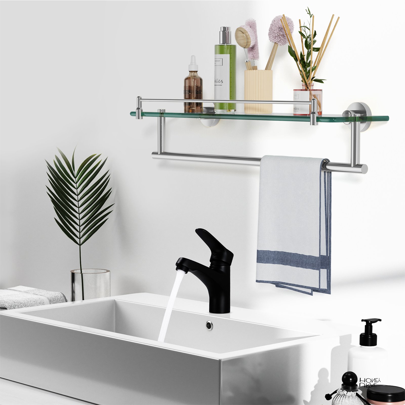 Bathroom Glass Shelf, Floating Tempered Glass Wall Shelf, Rectangle, 20‑inch with Railing, Modern, Wall Mounted, 2 Pack - 图片 6