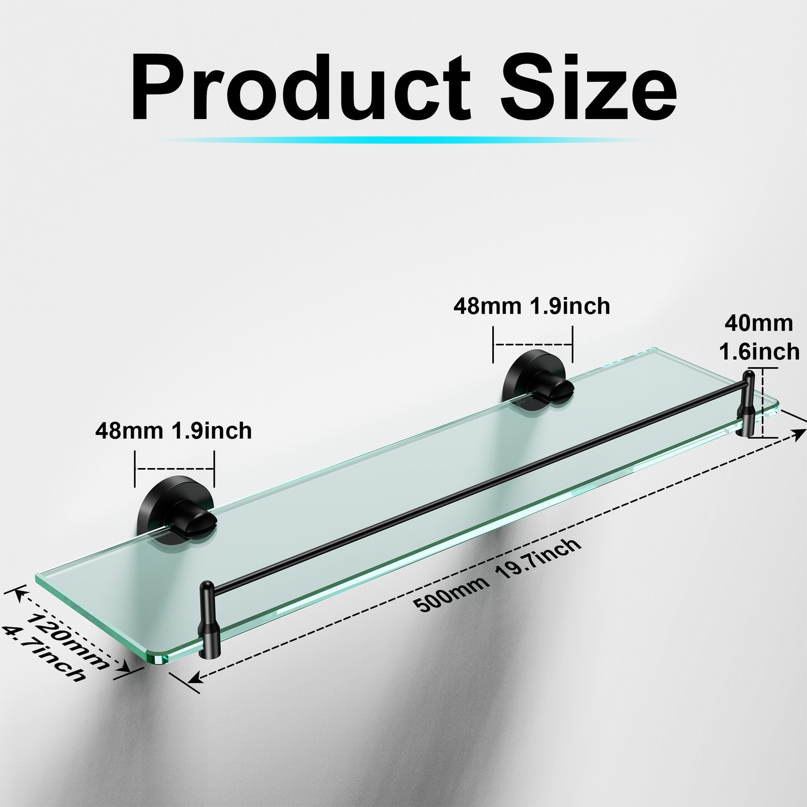 Bathroom Glass Shelf, Floating Stainless Steel Tempered Glass Wall Shelf, Rectangle, 20‑inch, Matte Black, Modern, Wall Mounted, 2 Pack - 图片 8