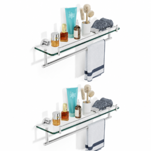 Bathroom Glass Shelf, Floating Tempered Glass Wall Shelf, Rectangle, 20‑inch with Railing, Modern, Wall Mounted, 2 Pack