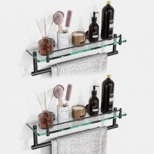 Bathroom Glass Shelf, Floating Tempered Glass Wall Shelf, Rectangle, 16‑inch with Railing, Modern, Wall Mounted, 2 Pack