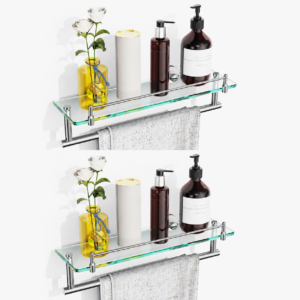 Bathroom Glass Shelf, Floating Tempered Glass Wall Shelf, Rectangle, 16‑inch with Railing, Modern, Wall Mounted, 2 Pack