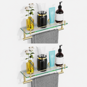 Bathroom Glass Shelf, Floating Tempered Glass Wall Shelf, Rectangle, 16‑inch with Railing, Modern, Wall Mounted, 2 Pack
