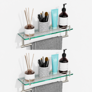 Bathroom Glass Shelf, Floating Tempered Glass Wall Shelf, Rectangle, 16‑inch with Railing, Modern, Wall Mounted, 2 Pack