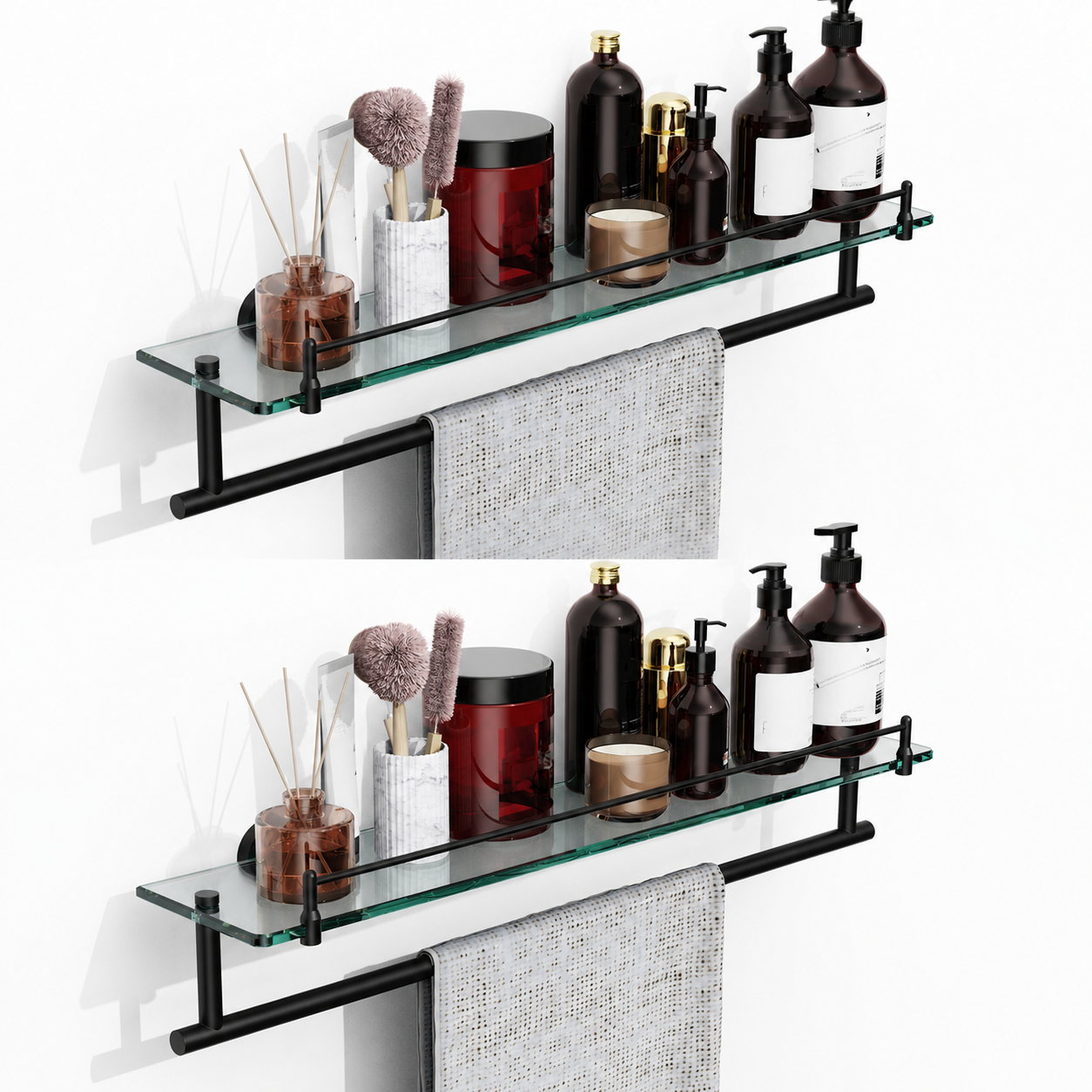 Bathroom Glass Shelf, Floating Tempered Glass Wall Shelf, Rectangle, 24‑inch with Towel Bar, Brushed Gold, Modern, Wall Mounted, Rustproof Towel Holder, 2 Pack