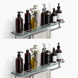Bathroom Glass Shelf, Floating Tempered Glass Wall Shelf, Rectangle, 24‑inch with Towel Bar, Brushed Gold, Modern, Wall Mounted, Rustproof Towel Holder, 2 Pack