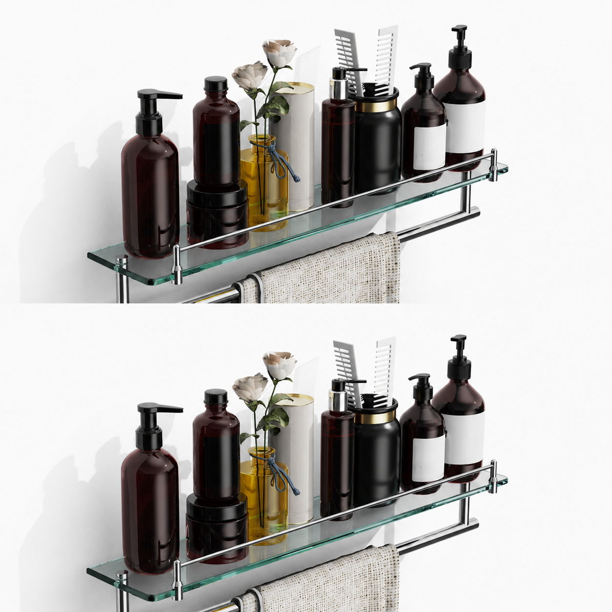 Bathroom Glass Shelf, Floating Tempered Glass Wall Shelf, Rectangle, 24‑inch with Towel Bar, Brushed Gold, Modern, Wall Mounted, Rustproof Towel Holder, 2 Pack