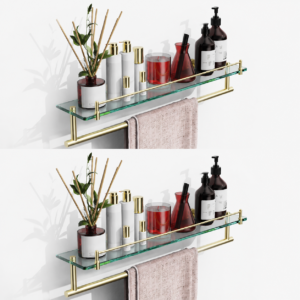 Bathroom Glass Shelf, Floating Tempered Glass Wall Shelf, Rectangle, 24‑inch with Towel Bar, Brushed Gold, Modern, Wall Mounted, Rustproof Towel Holder, 2 Pack
