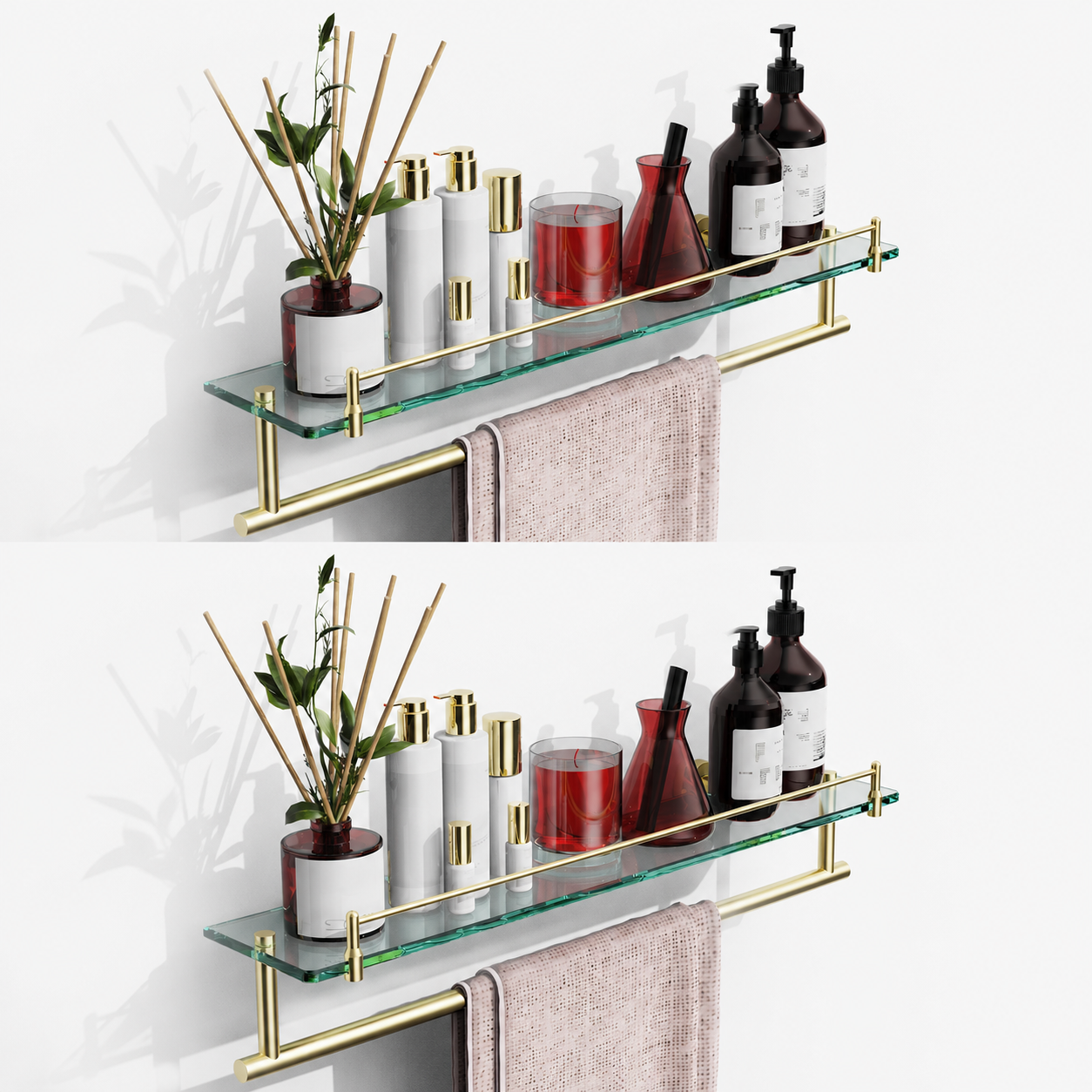 Bathroom Glass Shelf, Floating Tempered Glass Wall Shelf, Rectangle, 24‑inch with Towel Bar, Brushed Gold, Modern, Wall Mounted, Rustproof Towel Holder, 2 Pack