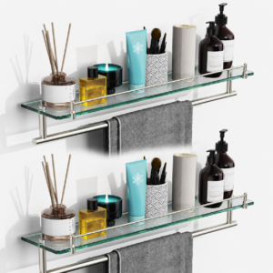 Bathroom Glass Shelf, Floating Tempered Glass Wall Shelf, Rectangle, 24‑inch with Towel Bar, Brushed Nickel, Modern, SUS304 Stainless Steel, Wall Mounted, Towel Hanger, 2 Pack