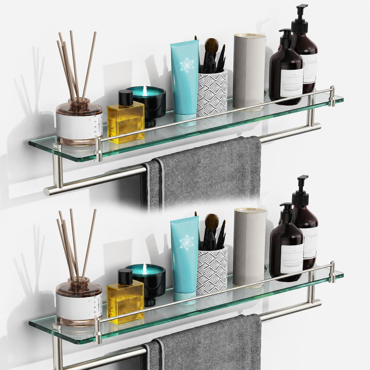 Bathroom Glass Shelf, Floating Tempered Glass Wall Shelf, Rectangle, 24‑inch with Towel Bar, Brushed Nickel, Modern, SUS304 Stainless Steel, Wall Mounted, Towel Hanger, 2 Pack