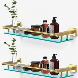 Bathroom Glass Shelf, Floating Tempered Glass Wall Shelf, Rectangle, 20‑inch with Full‑coverage Railing, Gold, Modern, Wall Mounted, 2 Pack