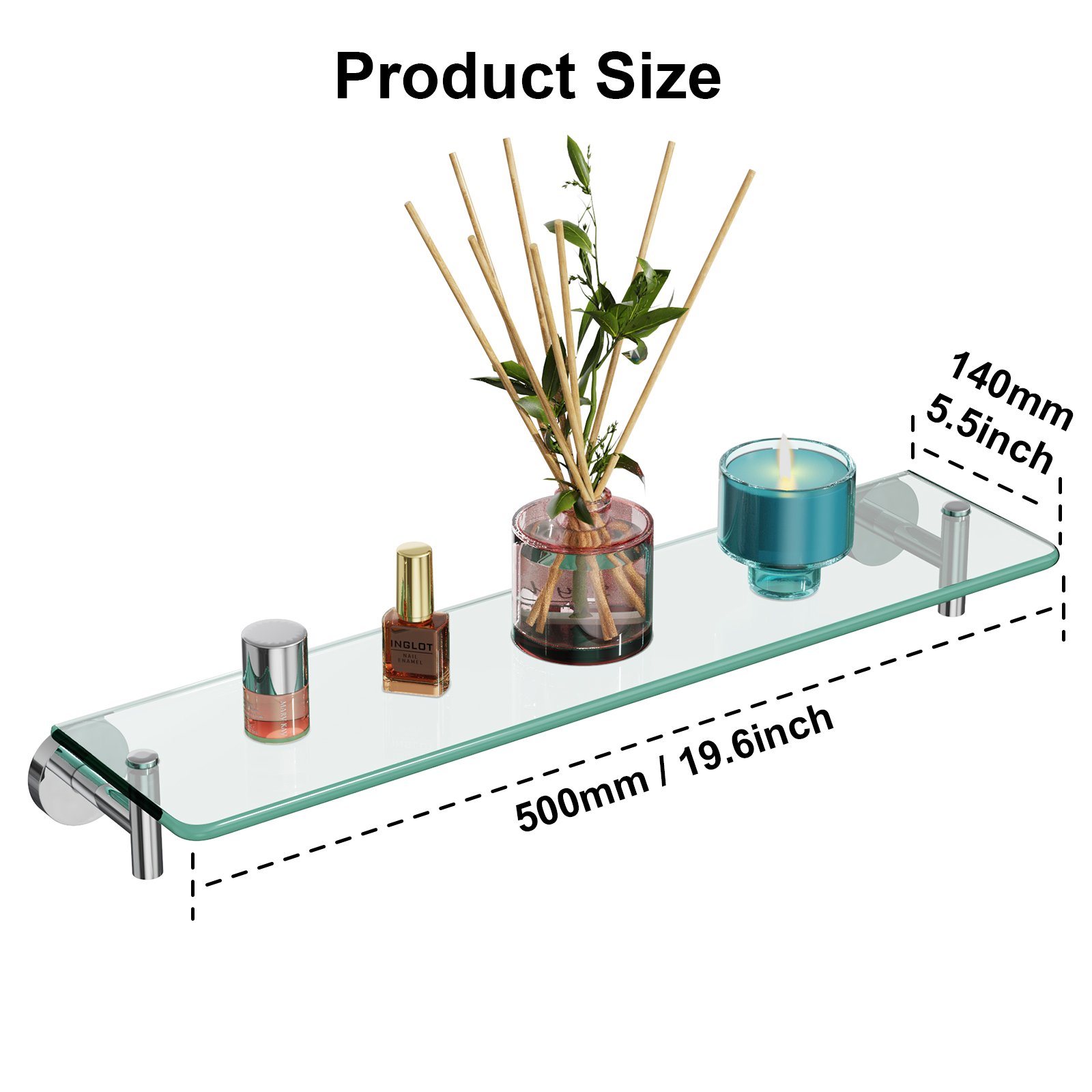 Bathroom Glass Shelf, Floating Stainless Steel Tempered Glass Wall Shelf, Rectangle, 20‑inch, Chrome Polished, Modern, Wall Mounted, 2 Pack - 图片 5