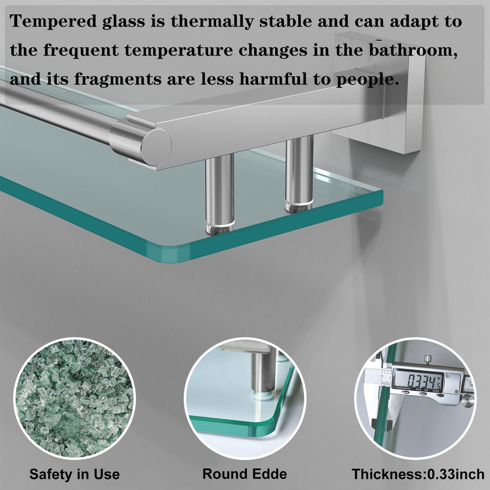 Bathroom Glass Shelf, Floating Tempered Glass Wall Shelf, Rectangle, 20‑inch with Full‑coverage Railing, Brushed Nickel, Modern, Wall Mounted, 2 Pack - 图片 5