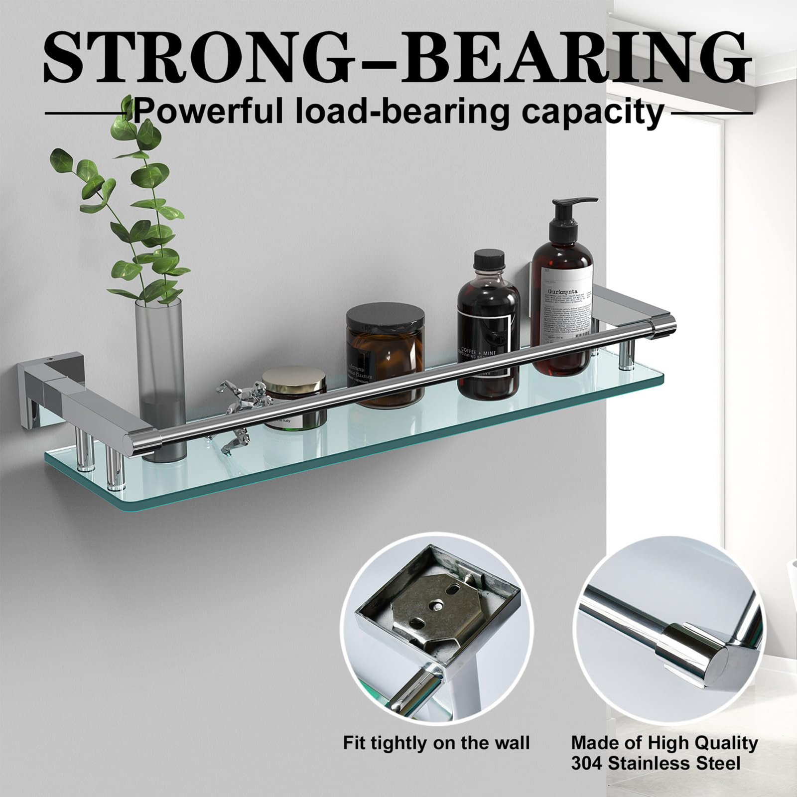 Bathroom Glass Shelf, Floating Tempered Glass Wall Shelf, Rectangle, 20‑inch with Full‑coverage Railing, Chrome Polished, Modern, Wall Mounted, 2 Pack - 图片 5