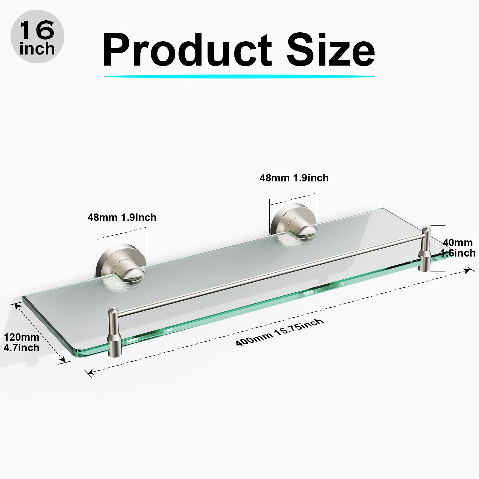 Bathroom Glass Shelf, Floating Tempered Glass Wall Shelf, Rectangle, 16‑inch with Railing, Brushed Nickel, Modern, Wall Mounted, 2 Pack - 图片 2