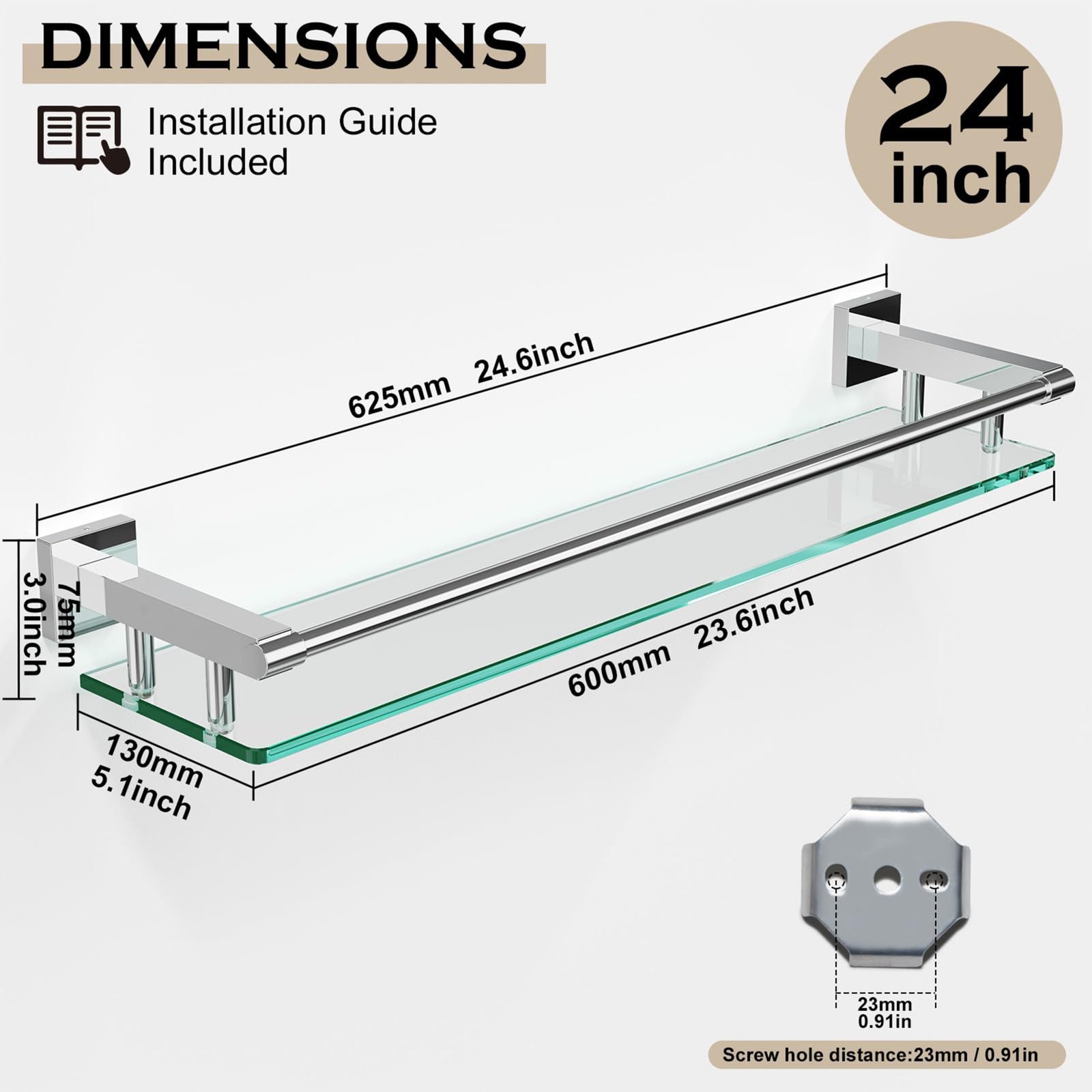 Bathroom Glass Shelf, Floating Tempered Glass Wall Shelf, Rectangle, 24‑inch with Full‑coverage Railing, Brushed Nickel, Modern, Wall Mounted, 2 Pack - 图片 4