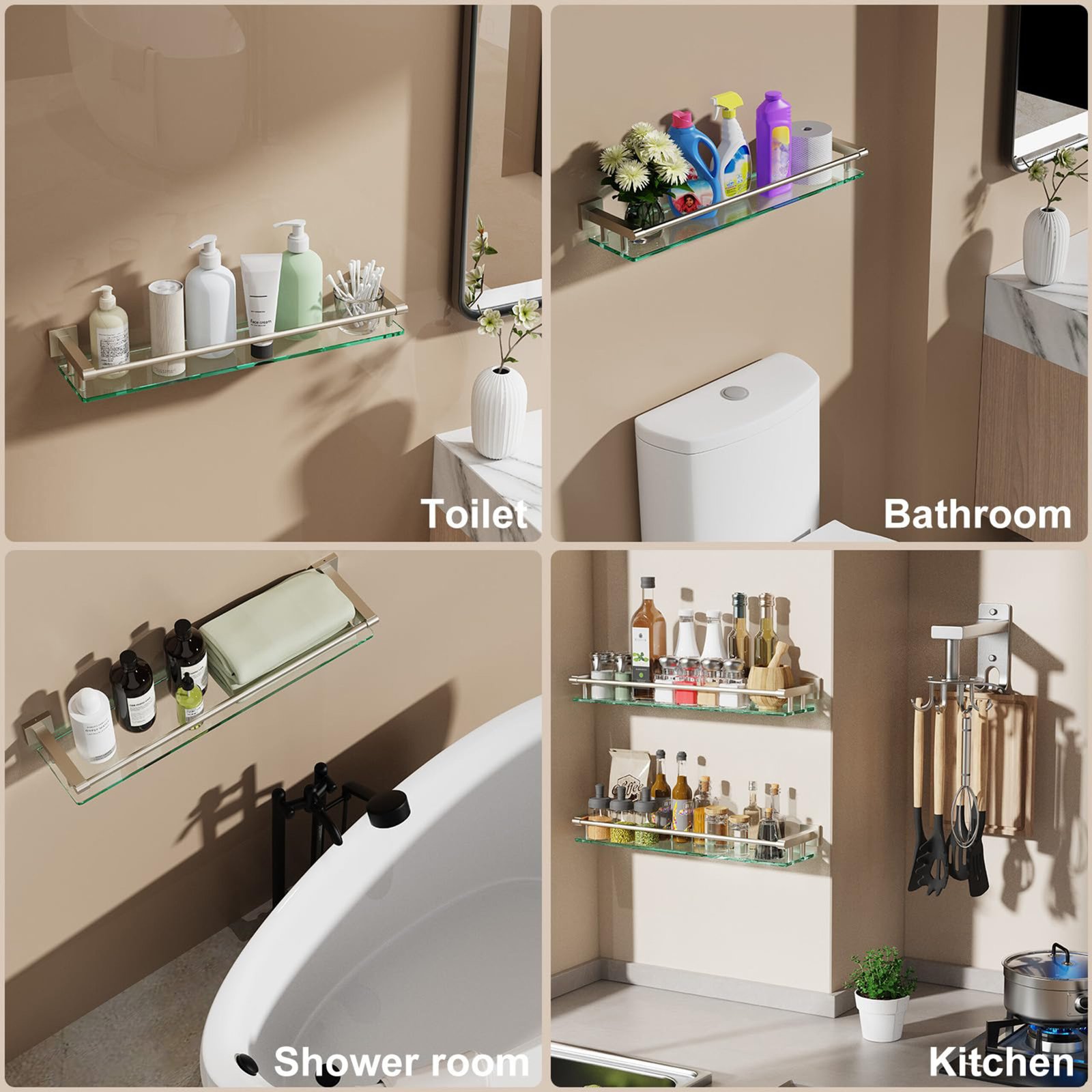 Bathroom Glass Shelf, Floating Tempered Glass Wall Shelf, Rectangle, 24‑inch with Full‑coverage Railing, Brushed Nickel, Modern, Wall Mounted, 2 Pack - 图片 4