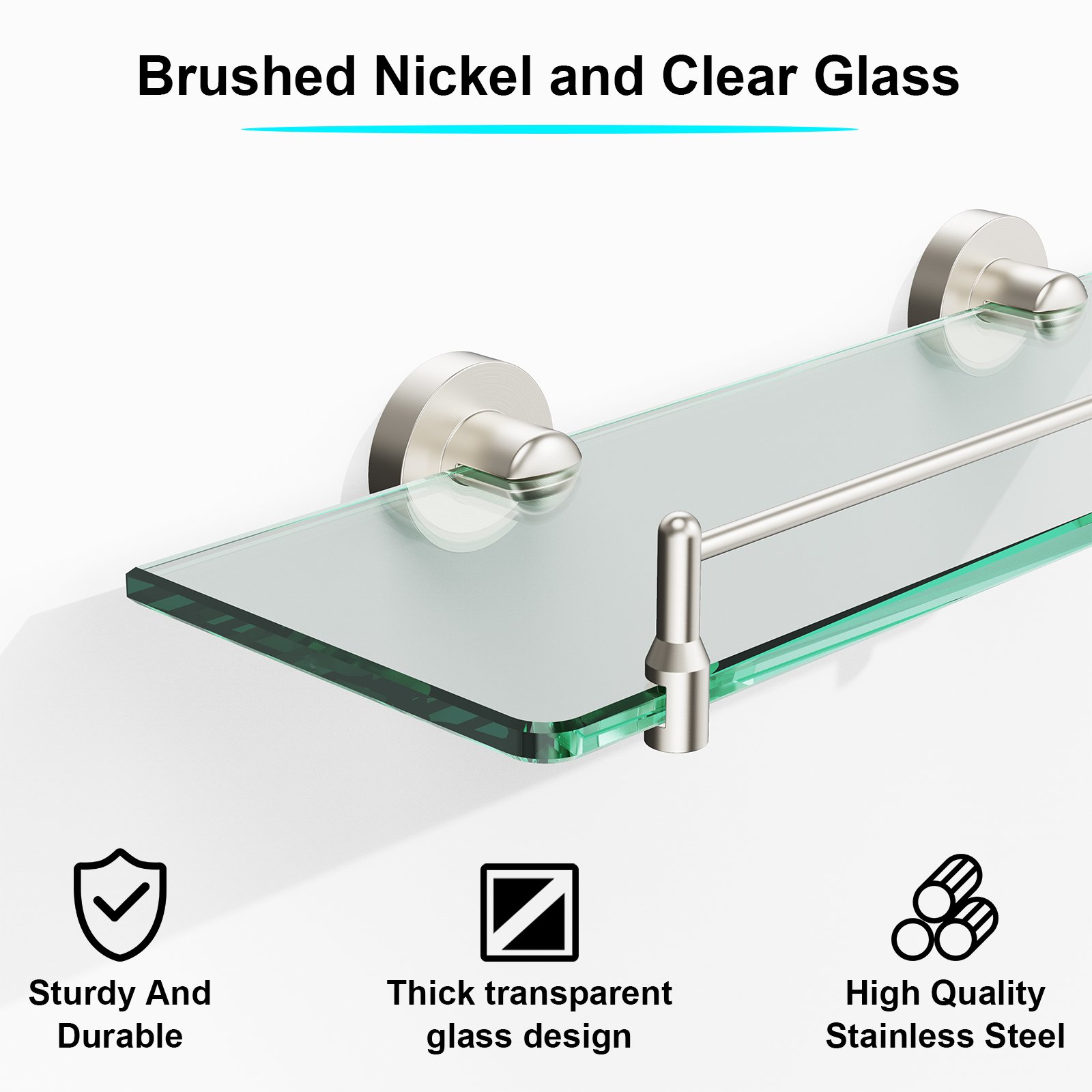 Bathroom Glass Shelf, Floating Tempered Glass Wall Shelf, Rectangle, 16‑inch with Railing, Brushed Nickel, Modern, Wall Mounted, 2 Pack - 图片 3