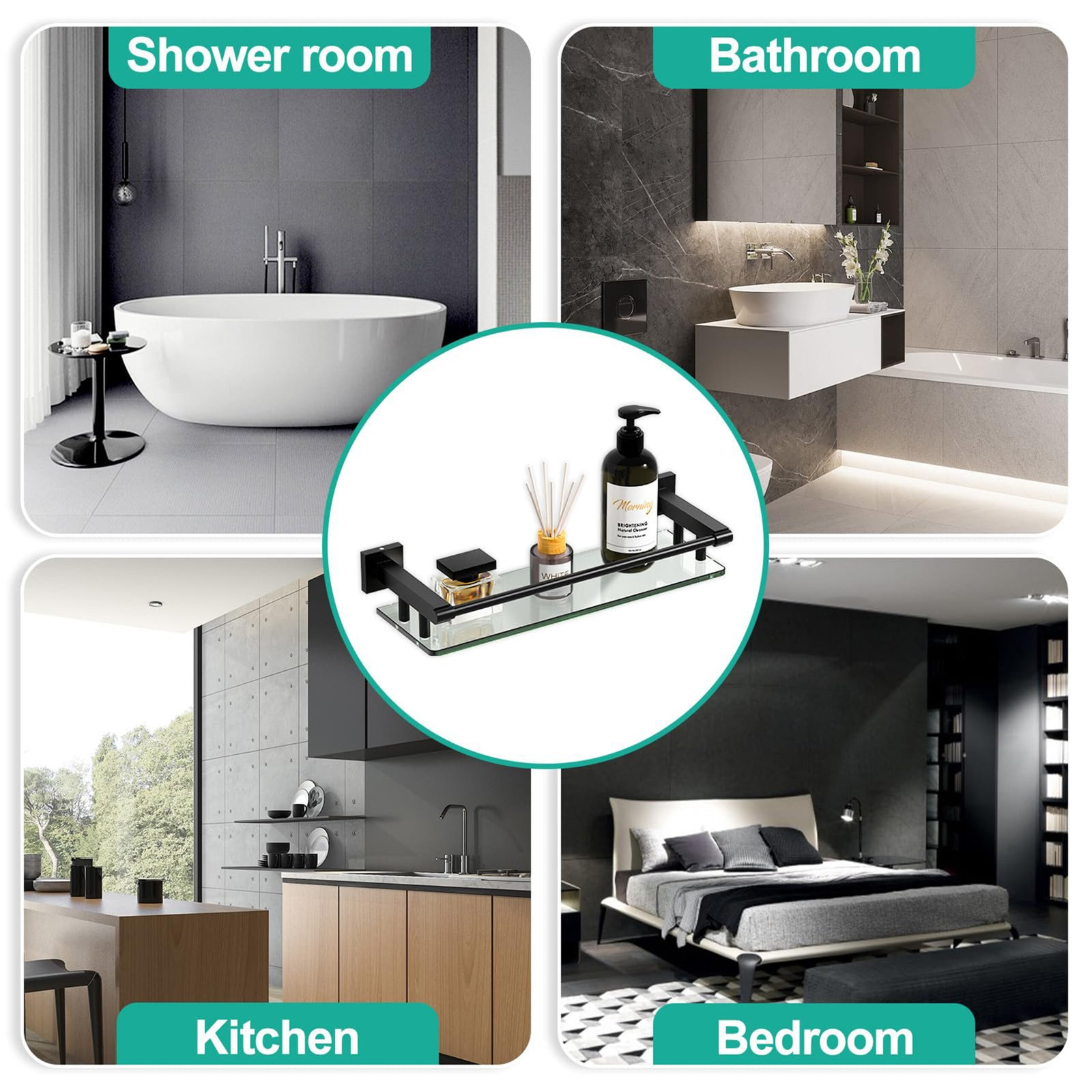 Bathroom Glass Shelf, Floating Tempered Glass Wall Shelf, Rectangle, 16‑inch with Full‑coverage Railing, Black, Modern, Wall Mounted, 2 Pack - 图片 5
