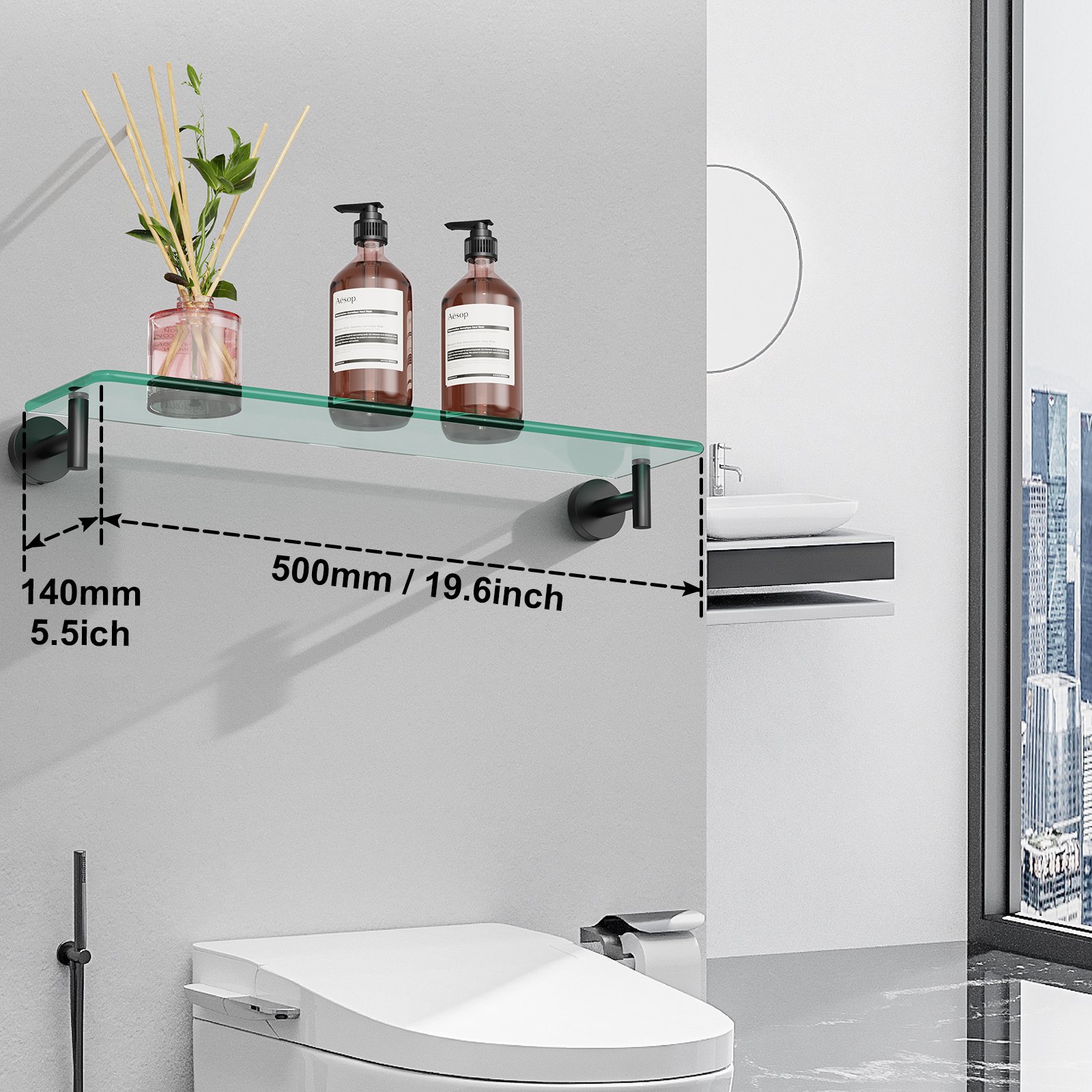Bathroom Glass Shelf, Floating Tempered Glass Wall Shelf, Rectangle, 20-inch, Matte Black, Modern Wall Mounted 2 Pack - 图片 3