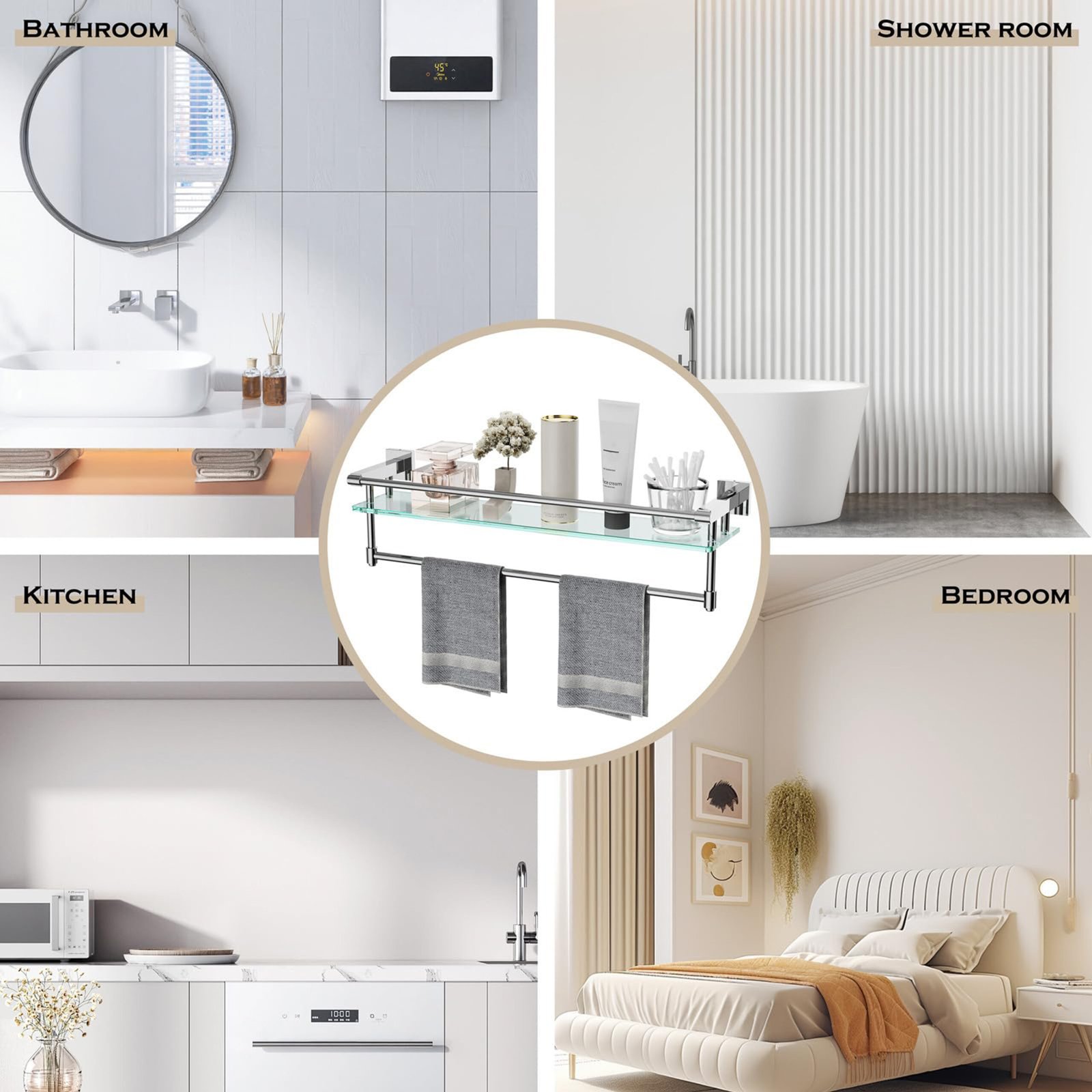 Bathroom Glass Shelf, Floating Tempered Glass Wall Shelf, Rectangle, 24‑inch with Full‑coverage Railing, Chrome Polished, Modern, Wall Mounted, 2 Pack - 图片 6