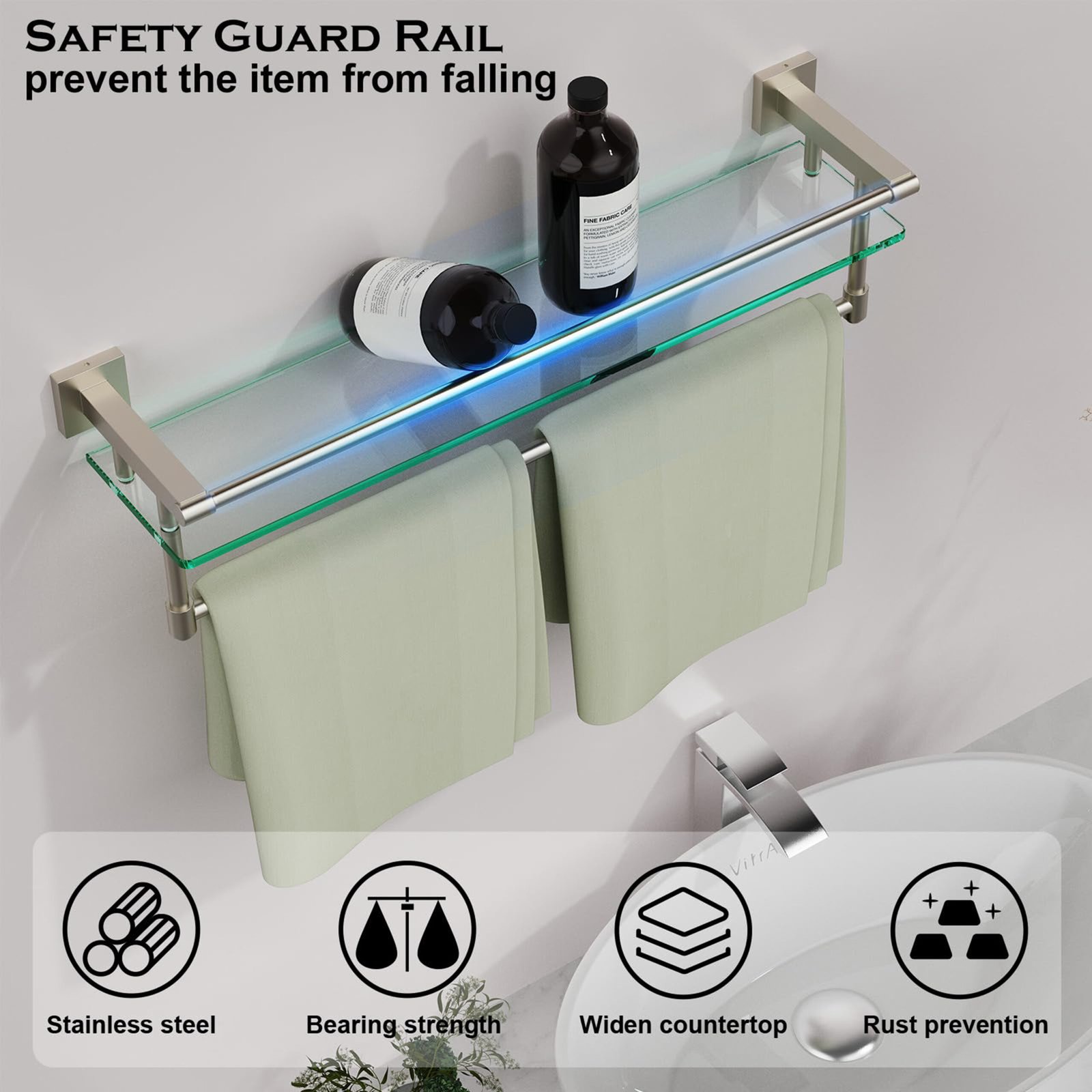 Bathroom Glass Shelf, Floating Tempered Glass Wall Shelf, Rectangle, 24‑inch with Full‑coverage Railing, Modern, Wall Mounted, 2 Pack - 图片 6