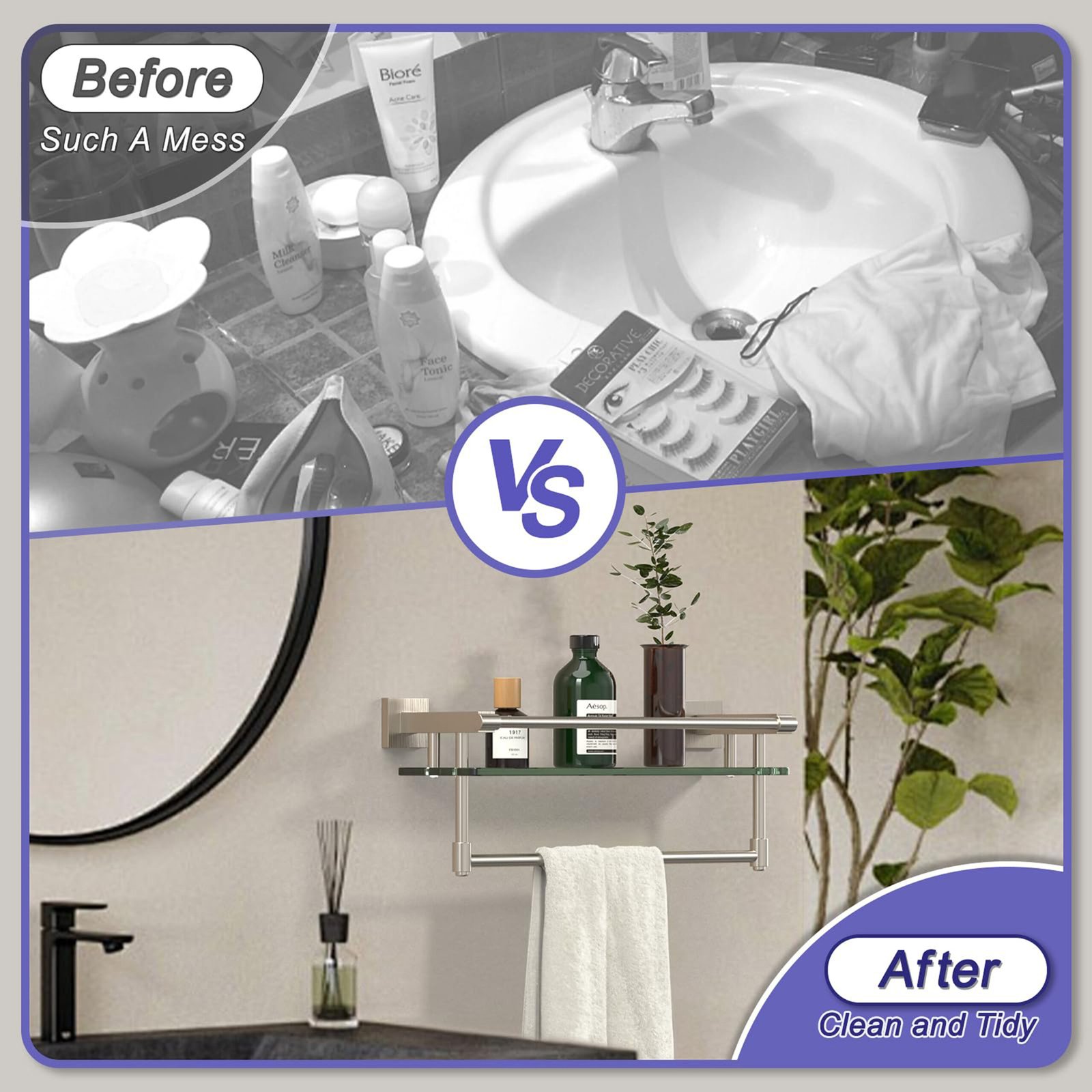 Bathroom Glass Shelf, Floating Tempered Glass Wall Shelf, Rectangle, 16‑inch with Full‑coverage Railing, Brushed Nickel, Modern, Wall Mounted, 2 Pack - 图片 6