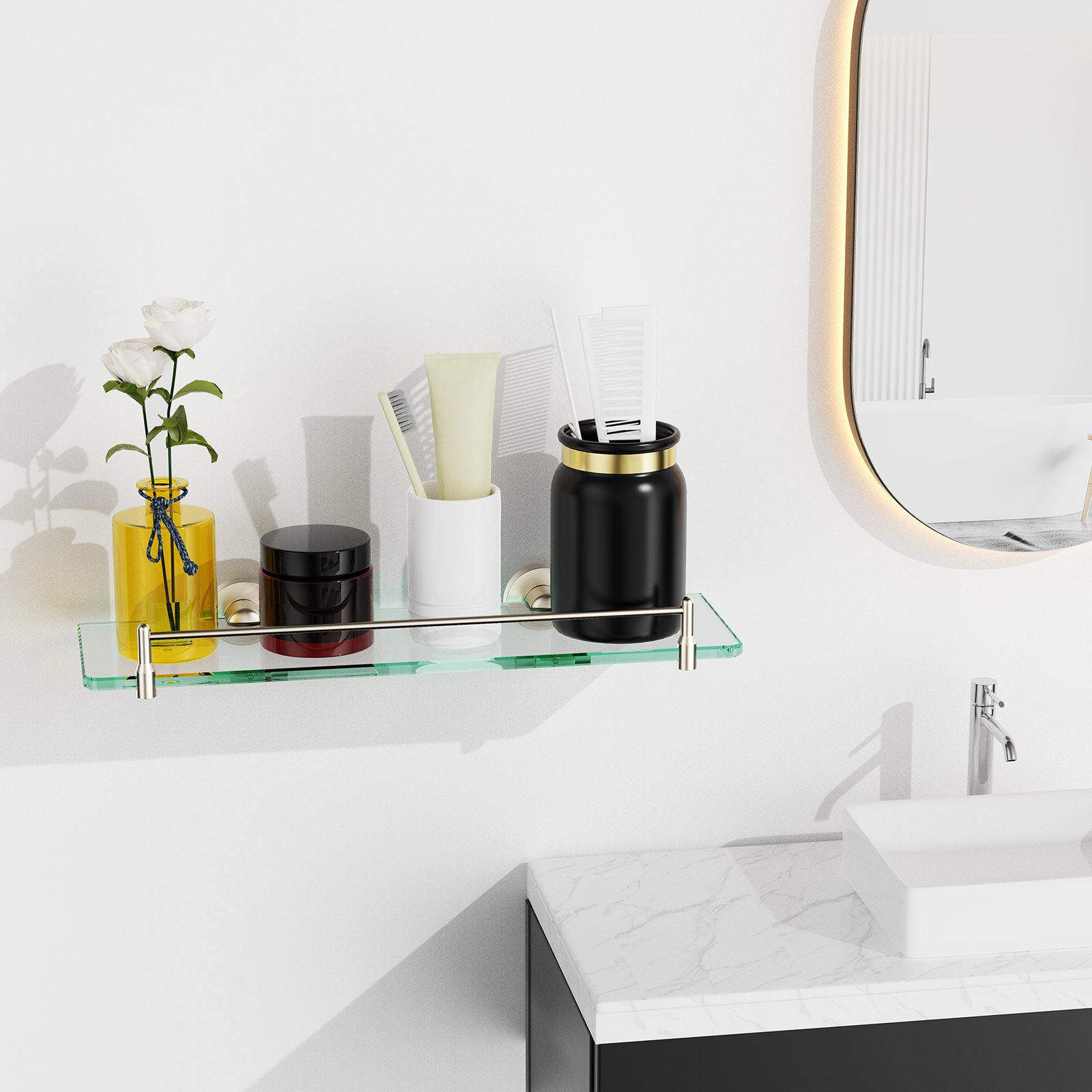 Bathroom Glass Shelf, Floating Tempered Glass Wall Shelf, Rectangle, 16‑inch with Railing, Brushed Nickel, Modern, Wall Mounted, 2 Pack - 图片 5