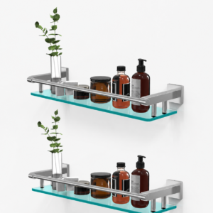 Bathroom Glass Shelf, Floating Tempered Glass Wall Shelf, Rectangle, 20‑inch with Full‑coverage Railing, Brushed Nickel, Modern, Wall Mounted, 2 Pack