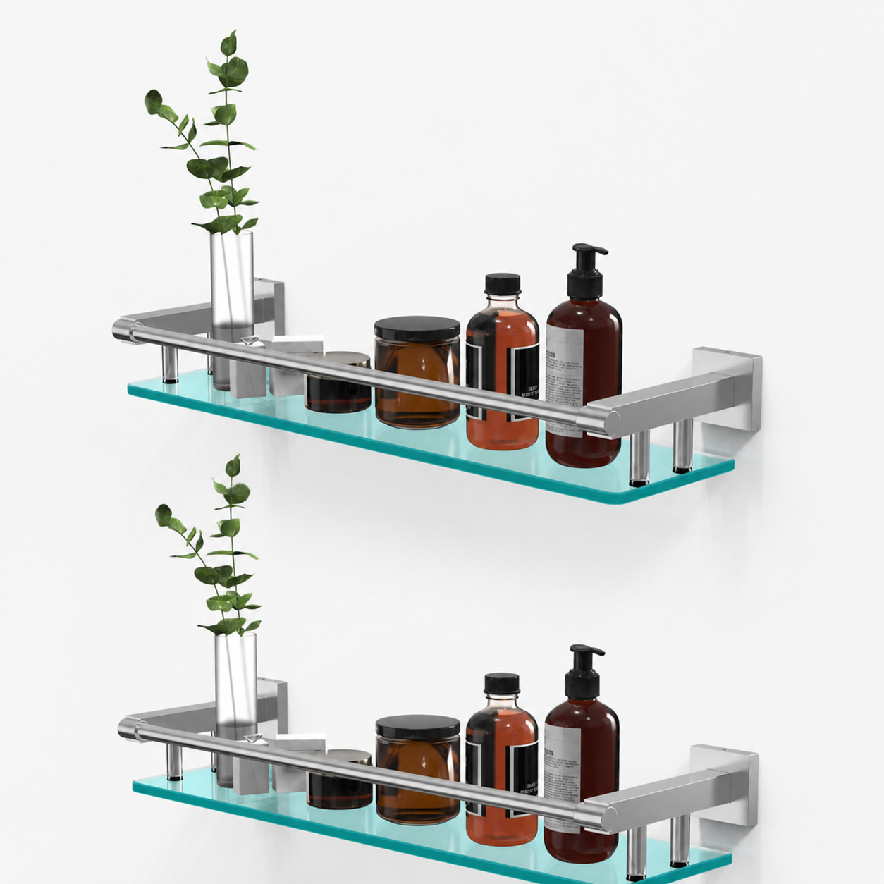Bathroom Glass Shelf, Floating Tempered Glass Wall Shelf, Rectangle, 20‑inch with Full‑coverage Railing, Brushed Nickel, Modern, Wall Mounted, 2 Pack