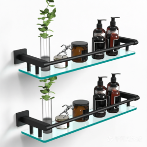 Bathroom Glass Shelf, Floating Tempered Glass Wall Shelf, Rectangle, 20‑inch with Full‑coverage Railing, Black, Modern, Wall Mounted, 2 Pack