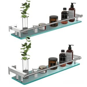 Bathroom Glass Shelf, Floating Tempered Glass Wall Shelf, Rectangle, 20‑inch with Full‑coverage Railing, Chrome Polished, Modern, Wall Mounted, 2 Pack
