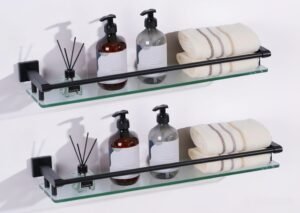 Bathroom Glass Shelf, Floating Tempered Glass Wall Shelf, Rectangle, 24‑inch with Full‑coverage Railing, Black, Modern, Wall Mounted, 2 Pack