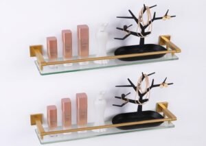 Bathroom Glass Shelf, Floating Tempered Glass Wall Shelf, Rectangle, 24‑inch with Full‑coverage Railing, Gold, Modern, Wall Mounted, 2 Pack