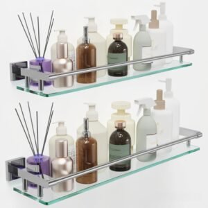 Bathroom Glass Shelf, Floating Tempered Glass Wall Shelf, Rectangle, 24‑inch with Full‑coverage Railing, Brushed Nickel, Modern, Wall Mounted, 2 Pack