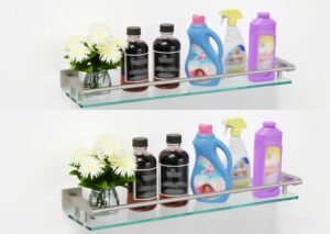 Bathroom Glass Shelf, Floating Tempered Glass Wall Shelf, Rectangle, 24‑inch with Full‑coverage Railing, Brushed Nickel, Modern, Wall Mounted, 2 Pack