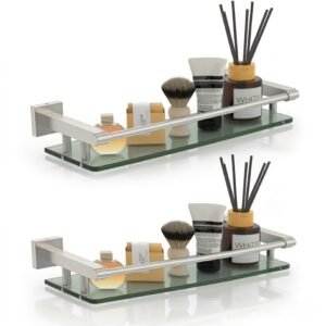 Bathroom Glass Shelf, Floating Tempered Glass Wall Shelf, Rectangle, 16‑inch with Full‑coverage Railing, Brushed Nickel, Modern, Wall Mounted, 2 Pack