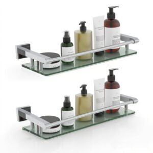 Bathroom Glass Shelf, Floating Tempered Glass Wall Shelf, Rectangle, 16‑inch with Full‑coverage Railing, Chrome Polished, Modern, Wall Mounted, 2 Pack