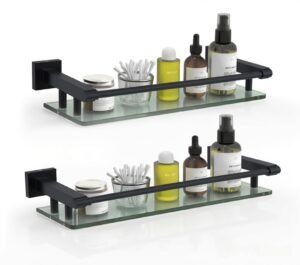 Bathroom Glass Shelf, Floating Tempered Glass Wall Shelf, Rectangle, 16‑inch with Full‑coverage Railing, Black, Modern, Wall Mounted, 2 Pack