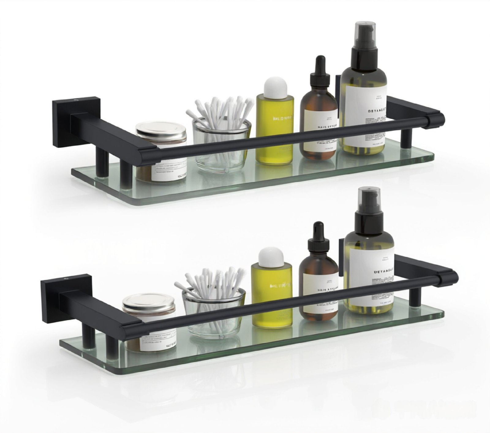 Bathroom Glass Shelf, Floating Tempered Glass Wall Shelf, Rectangle, 16‑inch with Full‑coverage Railing, Black, Modern, Wall Mounted, 2 Pack