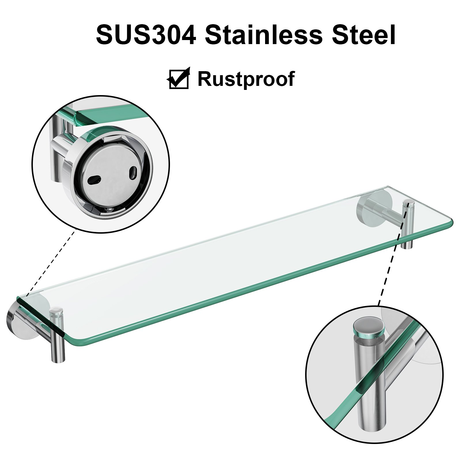 Bathroom Glass Shelf, Floating Stainless Steel Tempered Glass Wall Shelf, Rectangle, 20‑inch, Chrome Polished, Modern, Wall Mounted, 2 Pack - 图片 4