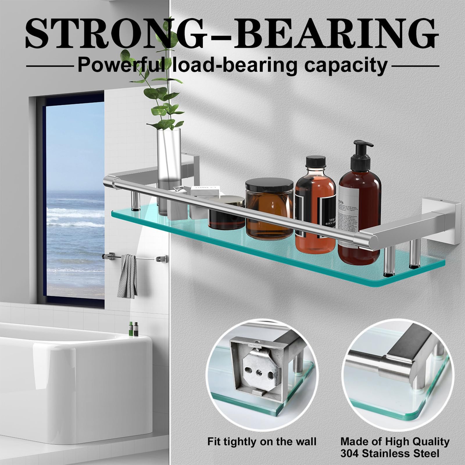 Bathroom Glass Shelf, Floating Tempered Glass Wall Shelf, Rectangle, 20‑inch with Full‑coverage Railing, Brushed Nickel, Modern, Wall Mounted, 2 Pack - 图片 4