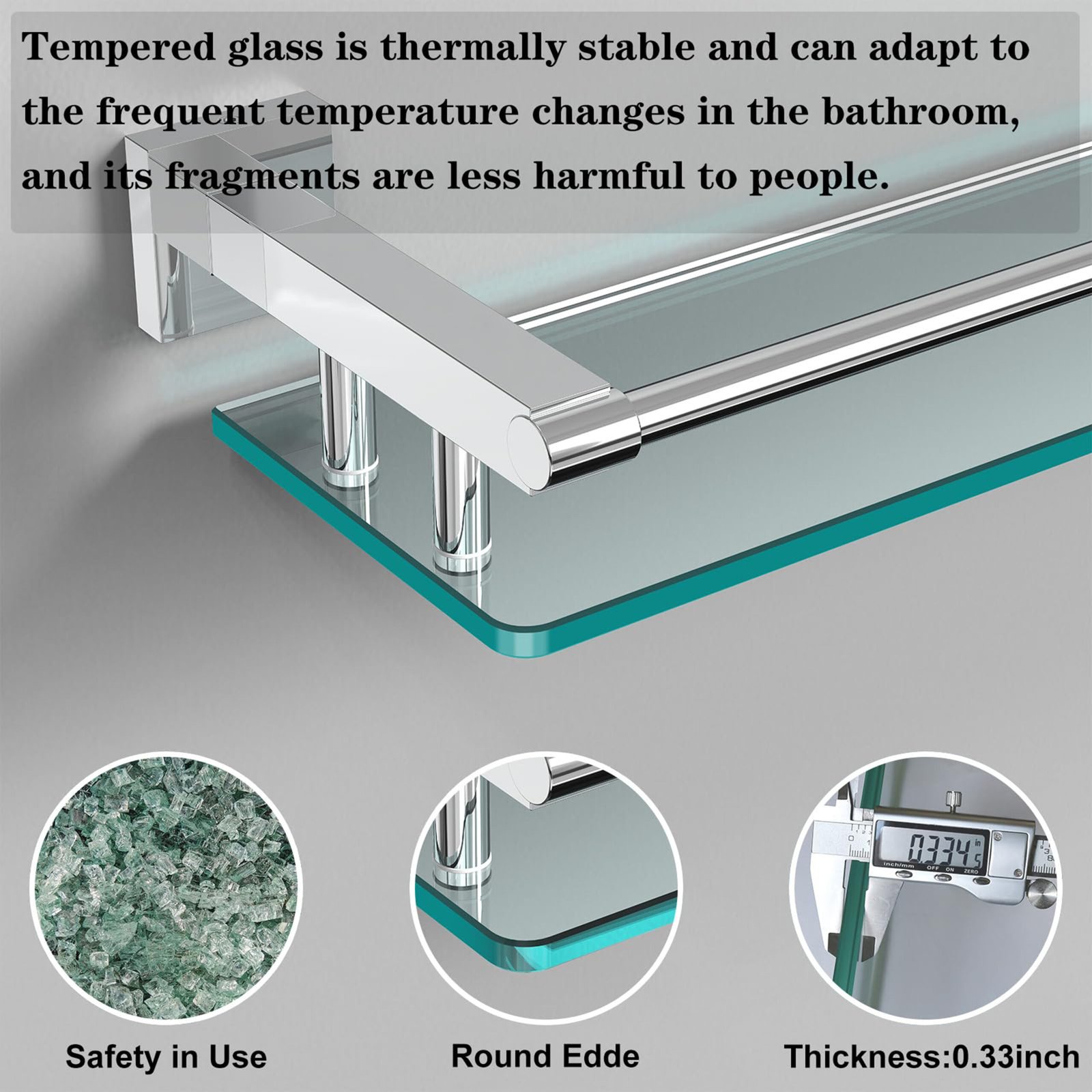 Bathroom Glass Shelf, Floating Tempered Glass Wall Shelf, Rectangle, 20‑inch with Full‑coverage Railing, Chrome Polished, Modern, Wall Mounted, 2 Pack - 图片 4