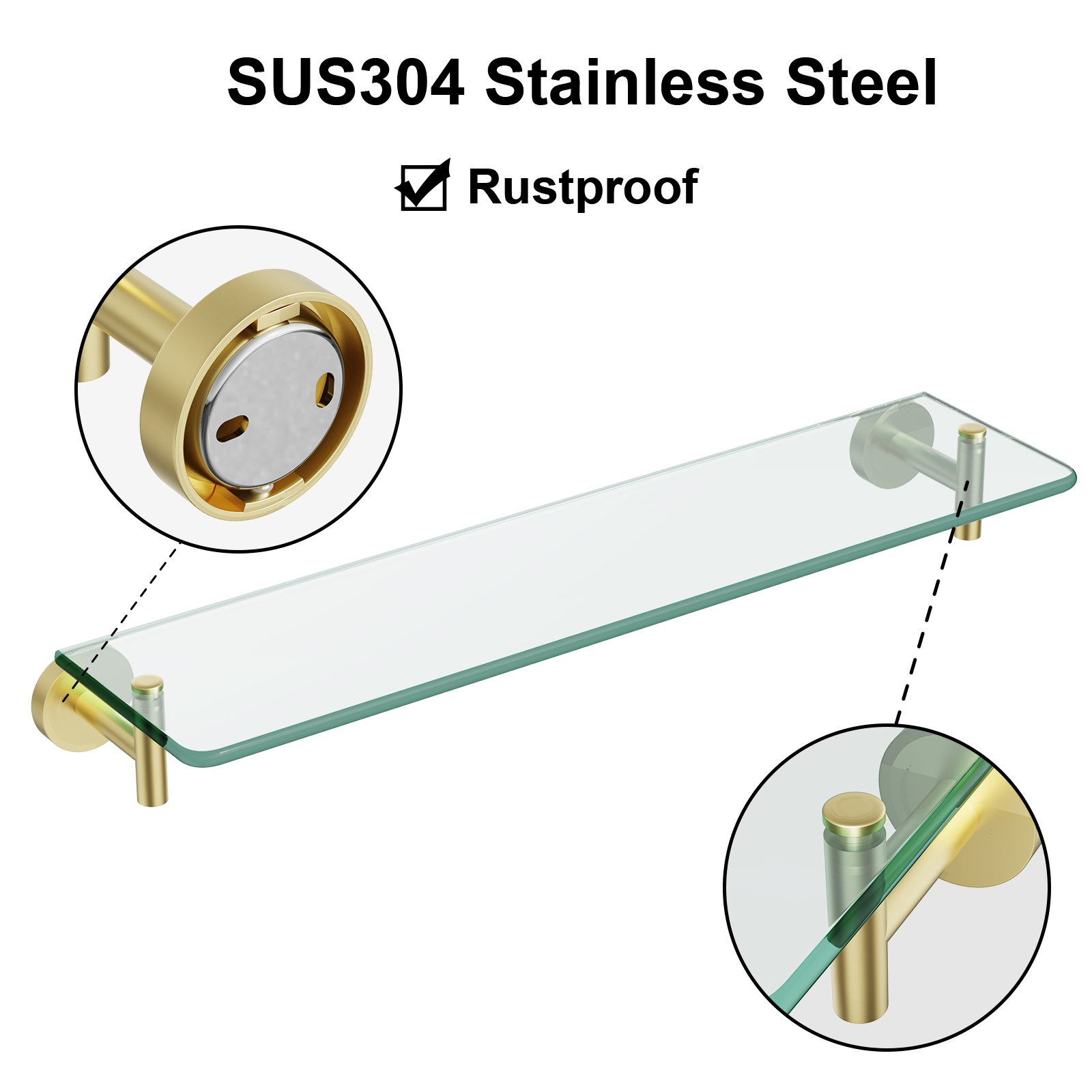Bathroom Glass Shelf, Floating Stainless Steel Tempered Glass Wall Shelf, Rectangle, 20‑inch, Brushed Gold, Modern, Wall Mounted, 2 Pack - 图片 6