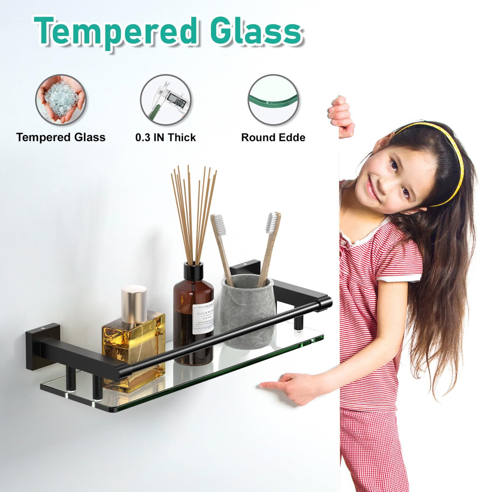 Bathroom Glass Shelf, Floating Tempered Glass Wall Shelf, Rectangle, 16‑inch with Full‑coverage Railing, Black, Modern, Wall Mounted, 2 Pack - 图片 4
